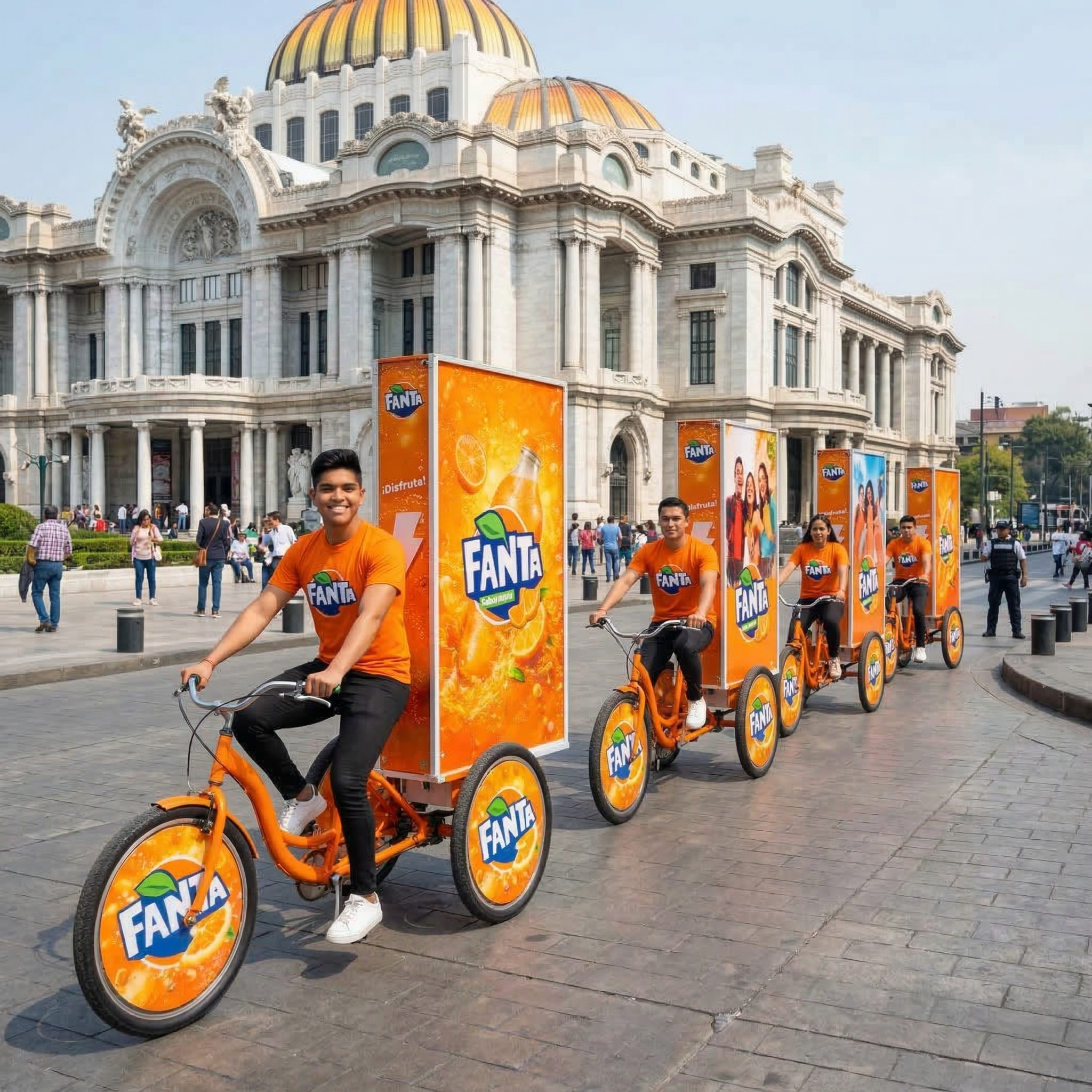 BusBus bike billboards in caravan in front of Palacio de Bellas Artes CDMX