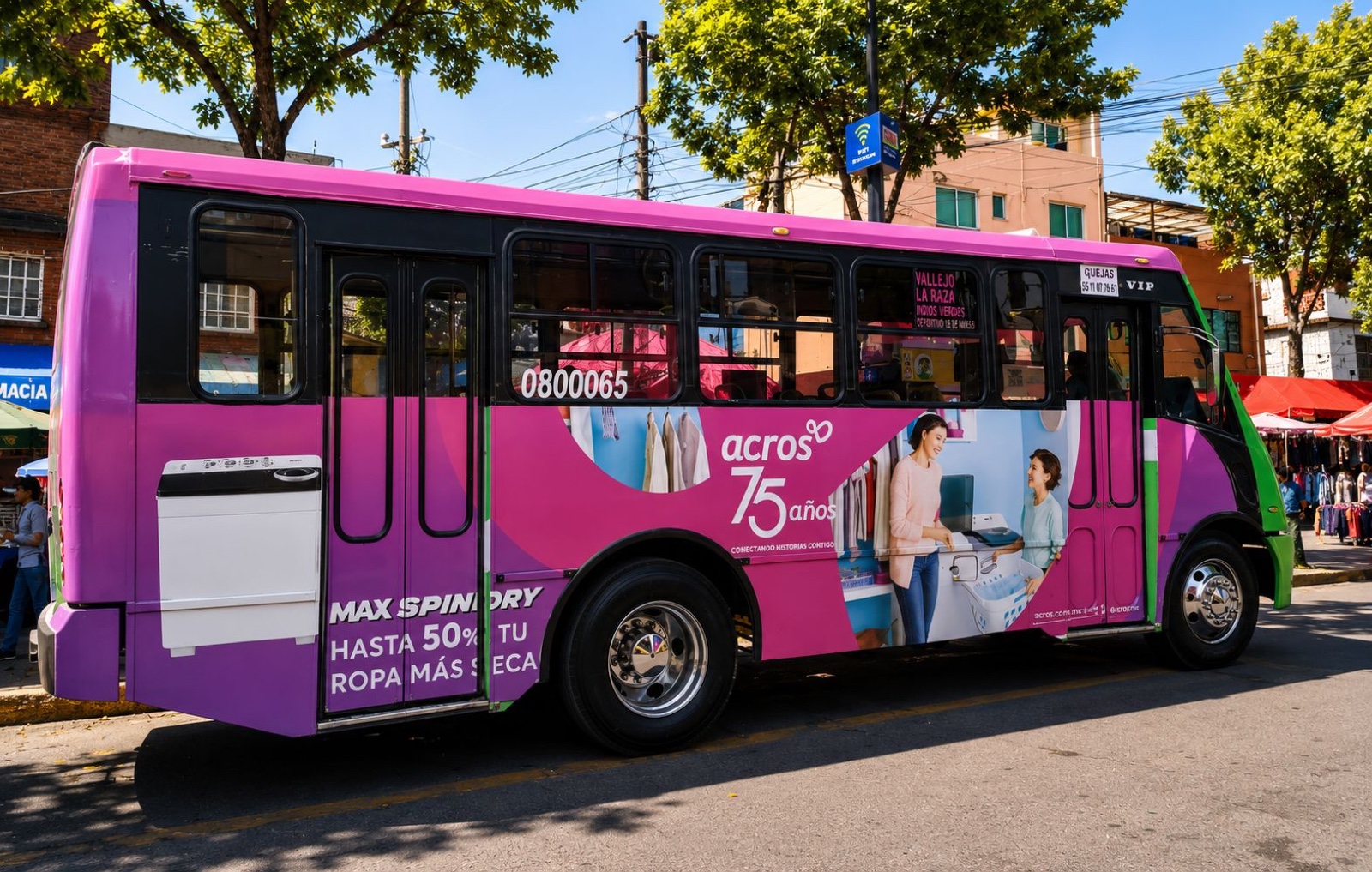 Wrap lateral integral de Acros en autobús urbano — publicidad exterior OOH en México con BusBus