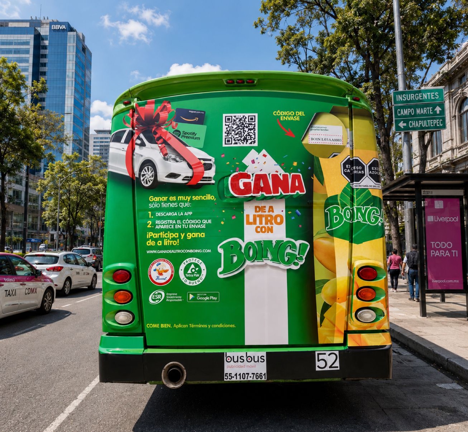Medallón trasero de autobús urbano con campaña Boing — publicidad exterior OOH en México con BusBus