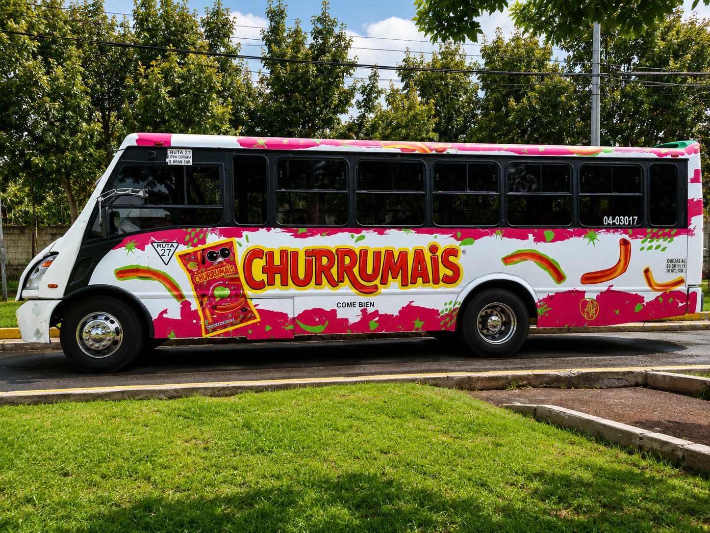 Autobús urbano rotulado con campaña Churrumais — wrap lateral integral, publicidad exterior OOH CDMX con BusBus