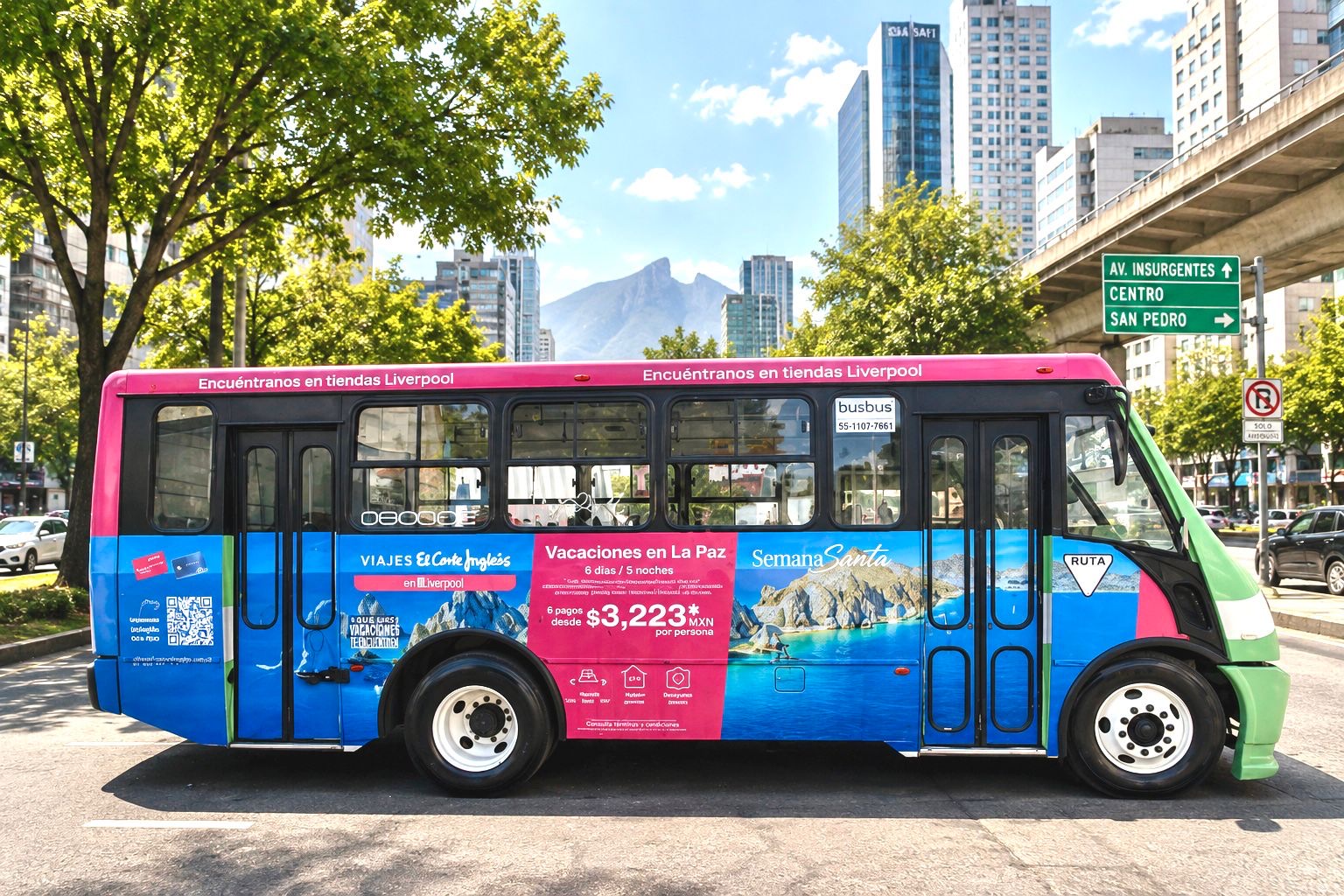 Wrap lateral integral de El Corte Inglés en autobús urbano — publicidad exterior OOH en Monterrey con BusBus