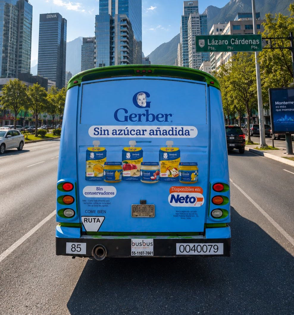 Medallón trasero de autobús urbano con campaña Gerber (sin azúcar añadida) — publicidad exterior OOH en Monterrey con BusBus