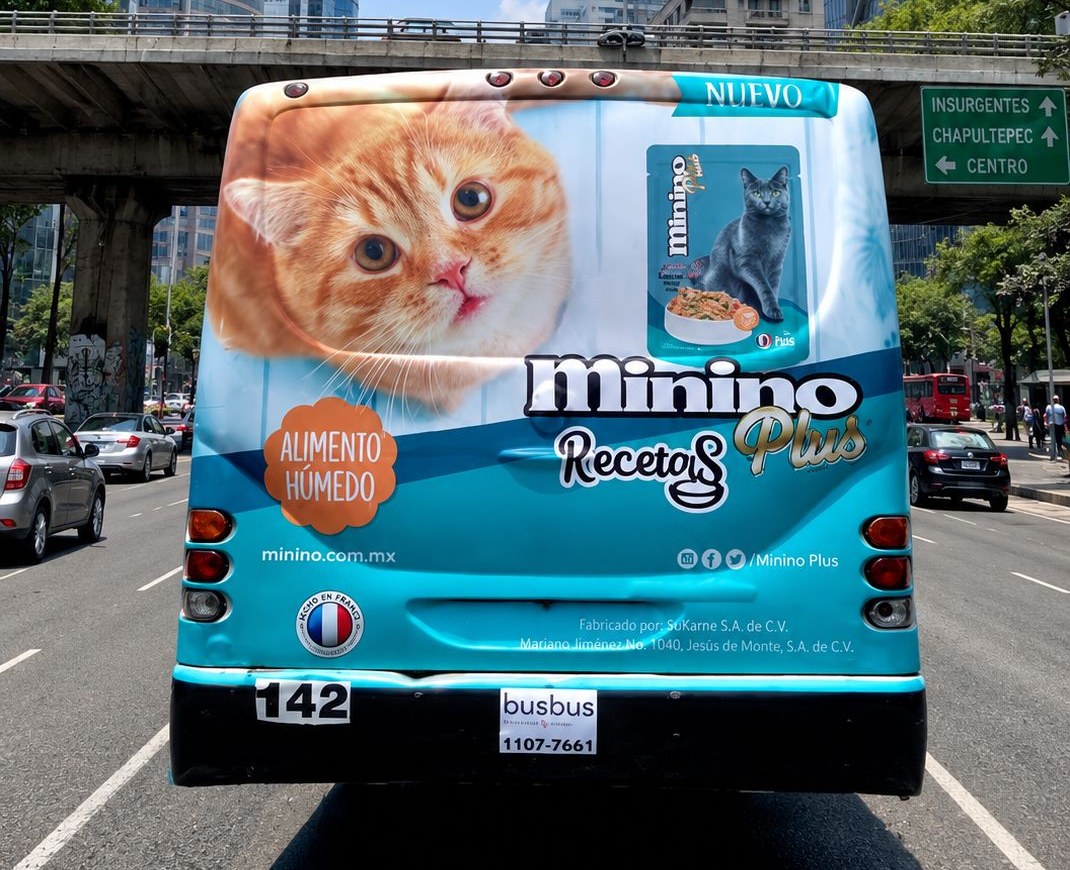 Medallón trasero de autobús urbano con campaña Minino — publicidad exterior OOH en CDMX con BusBus