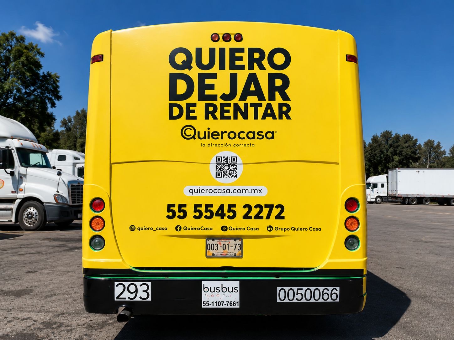 Medallón trasero de autobús urbano con campaña Quiero Casa — publicidad exterior OOH en CDMX con BusBus