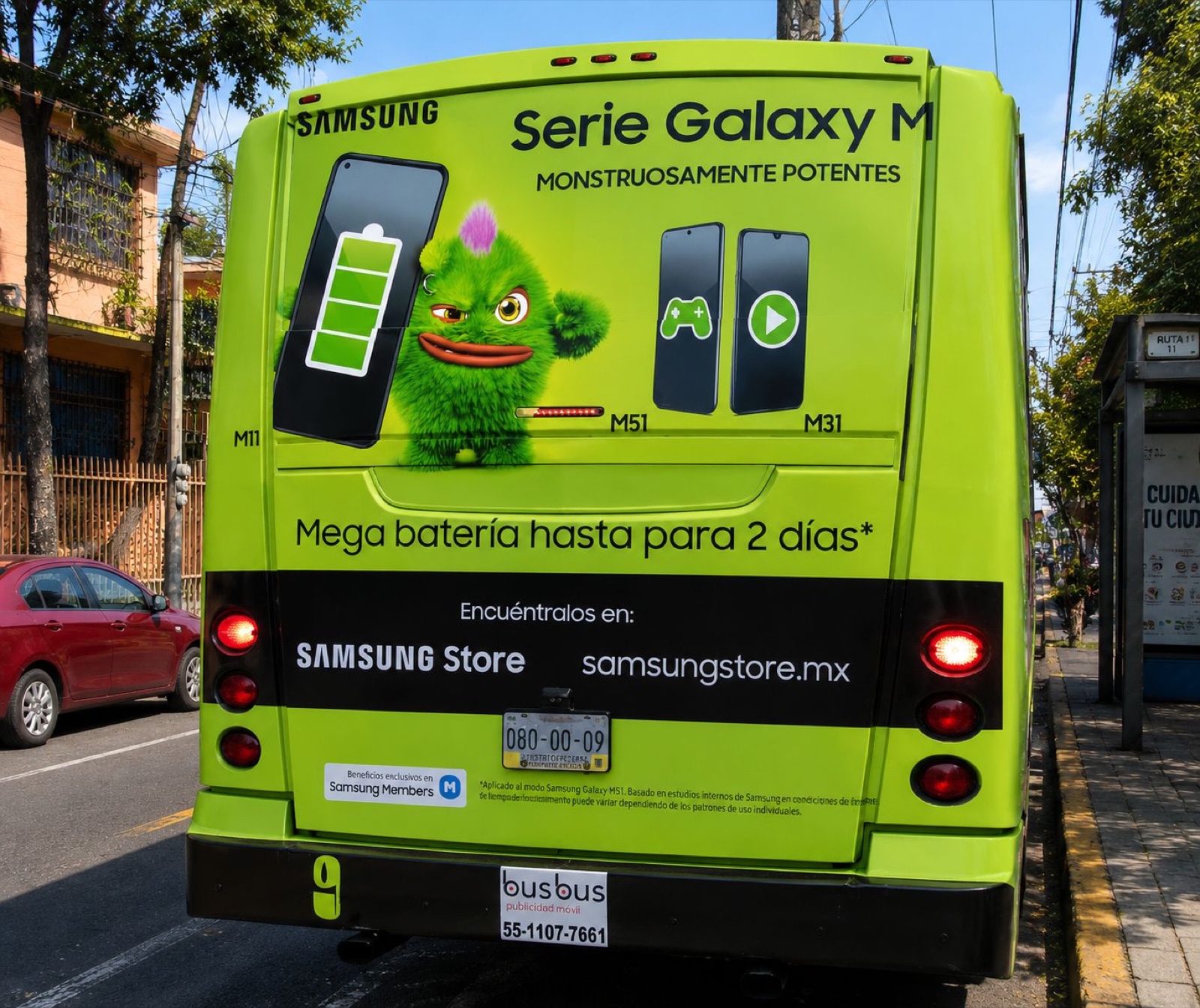 Campaña Samsung en autobús urbano — rotulación integral, publicidad exterior OOH CDMX con BusBus