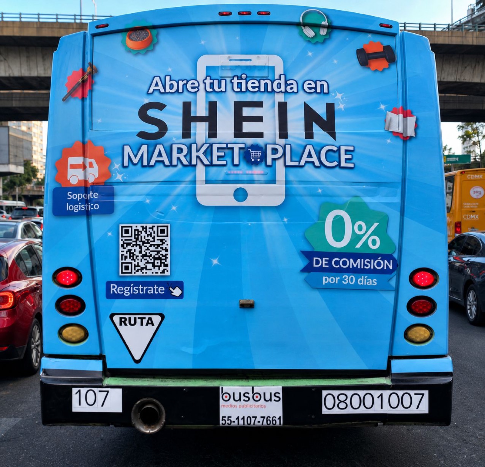 Campaña Shein en autobús urbano — rotulación integral, publicidad exterior OOH CDMX con BusBus