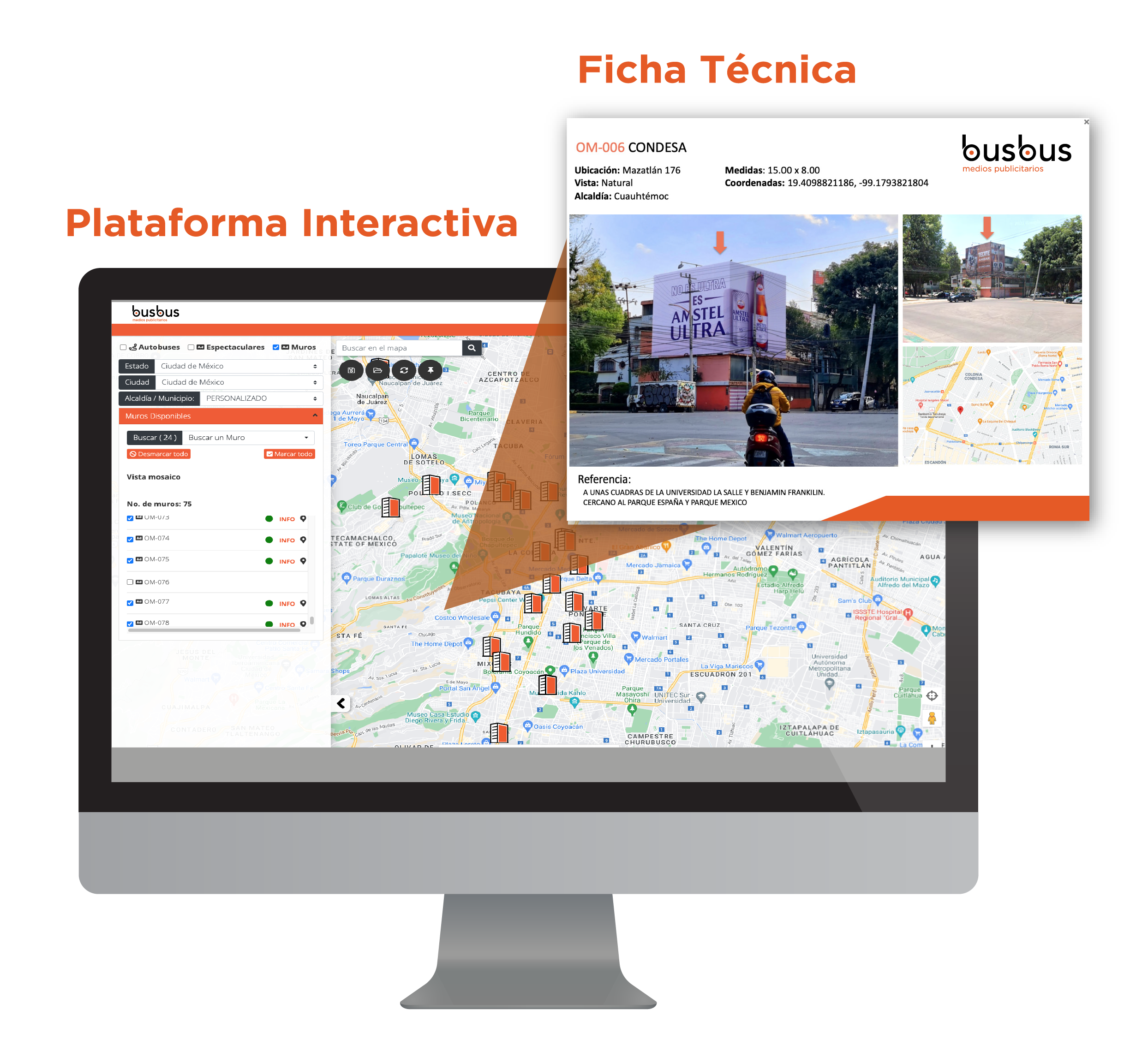 Plataforma Interactiva BusBus con ficha técnica y mapa de ubicaciones