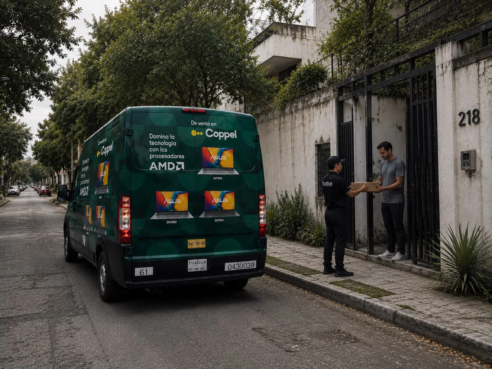 Courier handing a parcel to a customer at their front door next to a delivery van wrapped with Coppel and AMD advertising